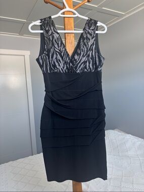 Saint Tropez West Black V-Neck Tiered Sheath Dress with Silver Detail
